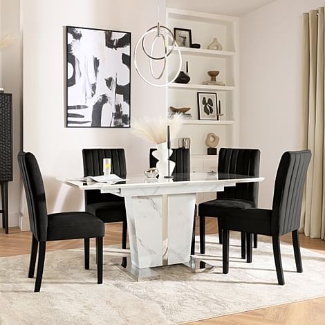 Vienna Extending Dining Table & 4 Salisbury Chairs, White Marble Effect, Black Classic Velvet & Black Solid Hardwood, 120-160cm