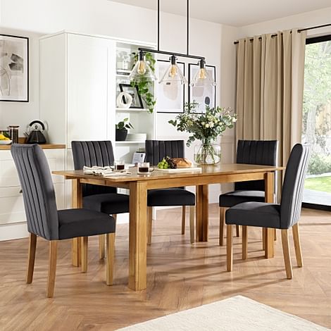 Bali Extending Dining Table & 4 Salisbury Chairs, Natural Oak Finished Solid Hardwood, Slate Grey Classic Plush Fabric, 150-180cm