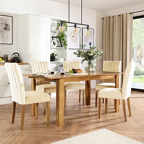 Bali Extending Dining Table & 6 Salisbury Chairs, Natural Oak Finished Solid Hardwood, Ivory Classic Plush Fabric, 150-180cm