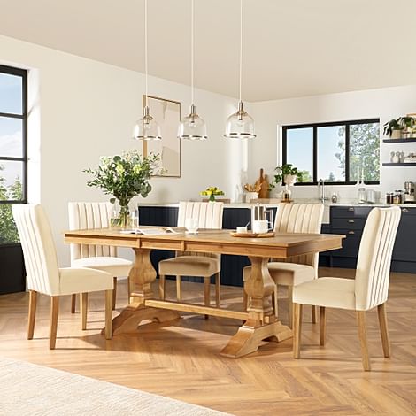 Cavendish Extending Dining Table & 4 Salisbury Chairs, Natural Oak Veneer & Solid Hardwood, Ivory Classic Plush Fabric & Natural Oak Finished Solid Hardwood, 160-200cm