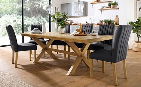 Grange Extending Dining Table & 6 Salisbury Chairs, Natural Oak Veneer & Solid Hardwood, Slate Grey Classic Plush Fabric & Natural Oak Finished Solid Hardwood, 180-220cm