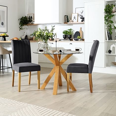 Hatton Round Dining Table & 2 Salisbury Chairs, Glass & Natural Oak Finished Solid Hardwood, Slate Grey Classic Plush Fabric, 100cm