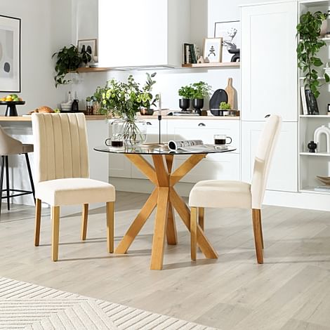 Hatton Round Dining Table & 2 Salisbury Chairs, Glass & Natural Oak Finished Solid Hardwood, Ivory Classic Plush Fabric, 100cm