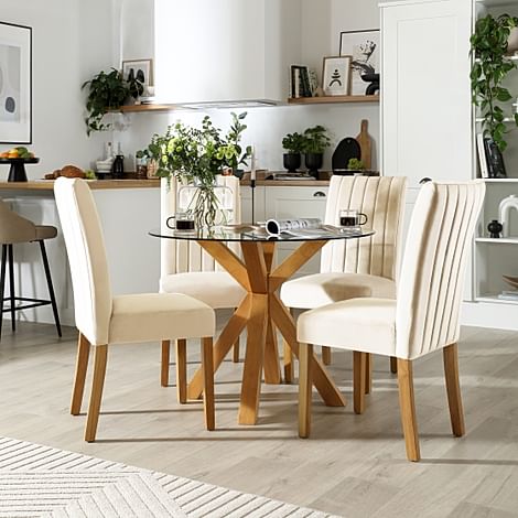 Hatton Round Dining Table & 4 Salisbury Chairs, Glass & Natural Oak Finished Solid Hardwood, Ivory Classic Plush Fabric, 100cm