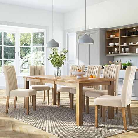 Highbury Extending Dining Table & 6 Salisbury Chairs, Natural Oak Finished Solid Hardwood, Ivory Classic Plush Fabric, 150-200cm