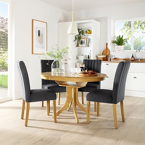 Hudson Round Extending Dining Table & 4 Salisbury Chairs, Natural Oak Finished Solid Hardwood, Slate Grey Classic Plush Fabric, 90-120cm