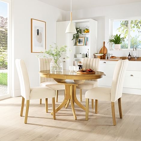 Hudson Round Extending Dining Table & 6 Salisbury Chairs, Natural Oak Finished Solid Hardwood, Ivory Classic Plush Fabric, 90-120cm