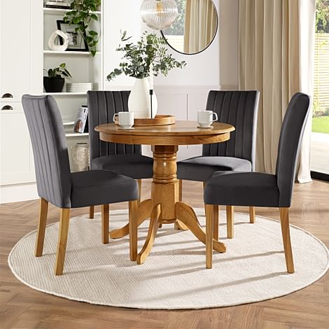 Kingston Round Dining Table & 4 Salisbury Chairs, Natural Oak Finished Solid Hardwood, Slate Grey Classic Plush Fabric, 90cm