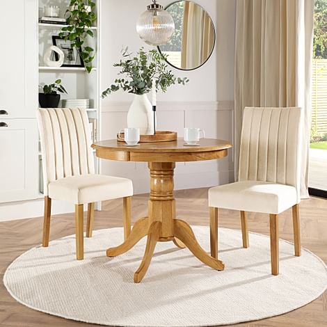 Kingston Round Dining Table & 2 Salisbury Chairs, Natural Oak Finished Solid Hardwood, Ivory Classic Plush Fabric, 90cm