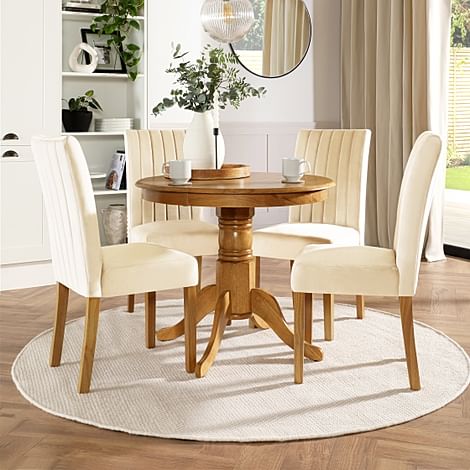 Kingston Round Dining Table & 4 Salisbury Chairs, Natural Oak Finished Solid Hardwood, Ivory Classic Plush Fabric, 90cm