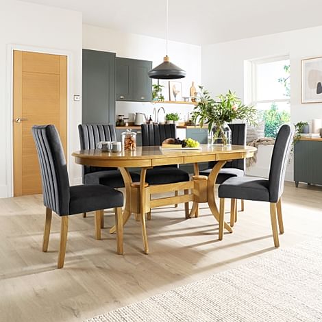 Townhouse Oval Extending Dining Table & 4 Salisbury Chairs, Natural Oak Finished Solid Hardwood, Slate Grey Classic Plush Fabric, 150-180cm