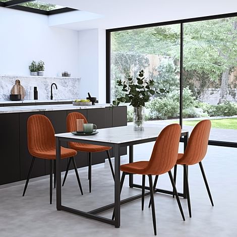 Avenue Dining Table & 4 Brooklyn Chairs, White Marble Effect & Black Steel, Burnt Orange Classic Velvet, 120cm