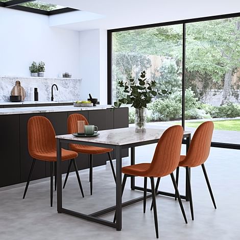 Avenue Dining Table & 4 Brooklyn Chairs, Grey Marble Effect & Black Steel, Burnt Orange Classic Velvet, 120cm