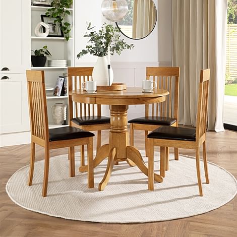 Kingston Round Dining Table & 4 Oxford Chairs, Natural Oak Finished Solid Hardwood, Brown Classic Faux Leather, 90cm