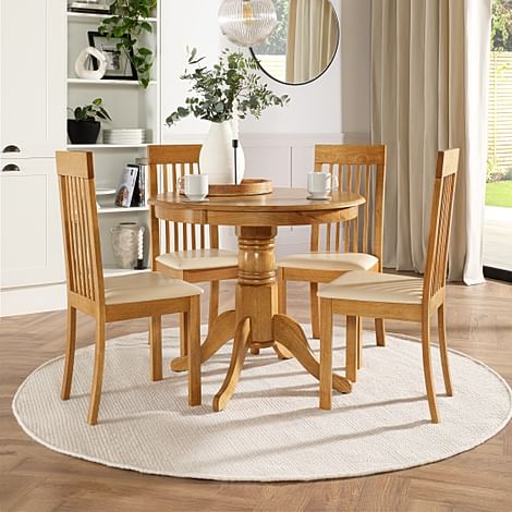 Kingston Round Dining Table & 4 Oxford Chairs, Natural Oak Finished Solid Hardwood, Ivory Classic Faux Leather, 90cm