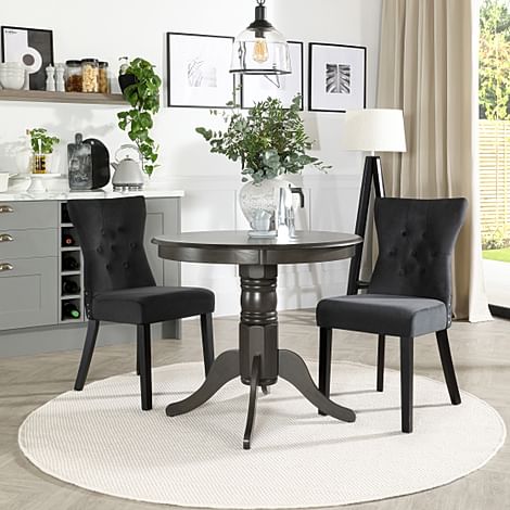 Kingston Round Dining Table & 2 Kensington Chairs, Grey Solid Hardwood, Black Classic Velvet & Black Solid Hardwood, 90cm