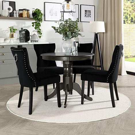 Kingston Round Dining Table & 4 Kensington Chairs, Grey Solid Hardwood, Black Classic Velvet & Black Solid Hardwood, 90cm