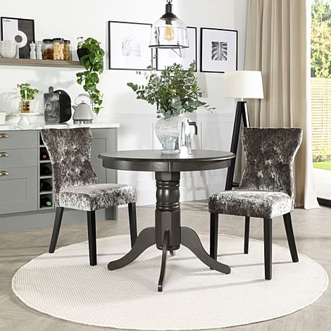 Kingston Round Dining Table & 2 Kensington Chairs, Grey Solid Hardwood, Crushed Silver Classic Velvet & Black Solid Hardwood, 90cm