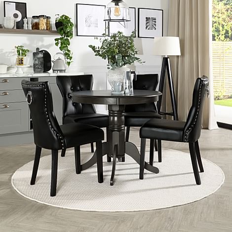 Kingston Round Dining Table & 4 Kensington Chairs, Grey Solid Hardwood, Black Classic Leather & Black Solid Hardwood, 90cm