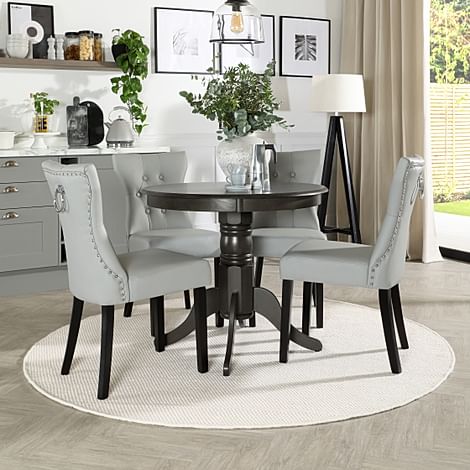 Kingston Round Dining Table & 4 Kensington Chairs, Grey Solid Hardwood, Light Grey Classic Leather & Black Solid Hardwood, 90cm