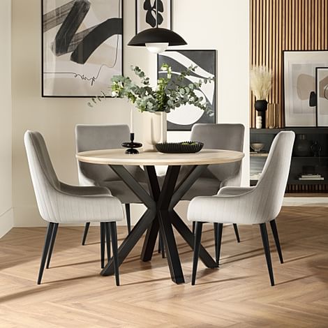 Newark Round Dining Table & 4 Liza Chairs, Light Oak Effect & Black Steel, Grey Classic Velvet, 110cm