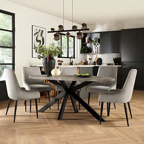 Madison Oval Industrial Dining Table & 6 Liza Chairs, Grey Concrete Effect & Black Steel, Grey Classic Velvet, 180cm