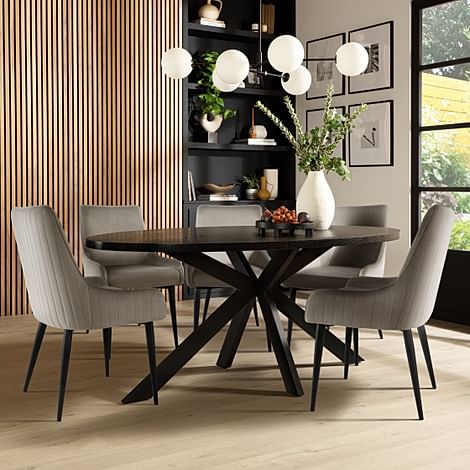 Madison Oval Dining Table & 4 Liza Chairs, Black Oak Effect & Black Steel, Grey Classic Velvet, 180cm