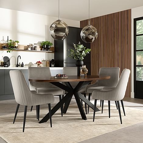 Madison Oval Industrial Dining Table & 4 Liza Chairs, Walnut Effect & Black Steel, Grey Classic Velvet, 180cm