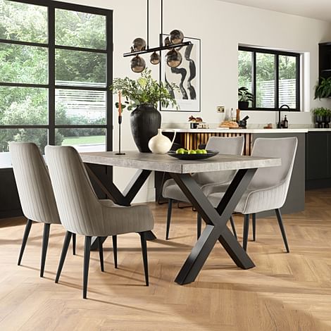 Franklin Industrial Dining Table & 4 Liza Chairs, Grey Concrete Effect & Black Steel, Grey Classic Velvet, 150cm