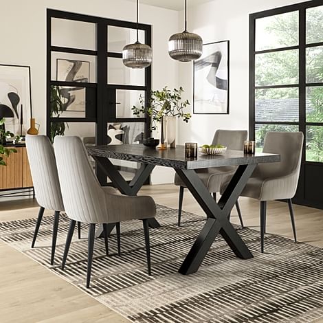 Franklin Dining Table & 4 Liza Chairs, Black Oak Effect & Black Steel, Grey Classic Velvet, 150cm