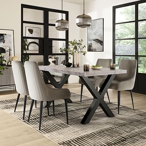 Franklin Dining Table & 4 Liza Chairs, Grey Marble Effect & Black Steel, Grey Classic Velvet, 150cm