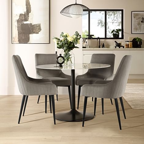 Orbit Round Dining Table & 4 Liza Chairs, White Marble Effect & Black Steel, Grey Classic Velvet, 110cm