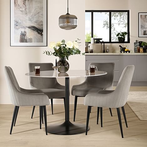 Orbit Round Dining Table & 4 Liza Chairs, Grey Marble Effect & Black Steel, Grey Classic Velvet, 110cm