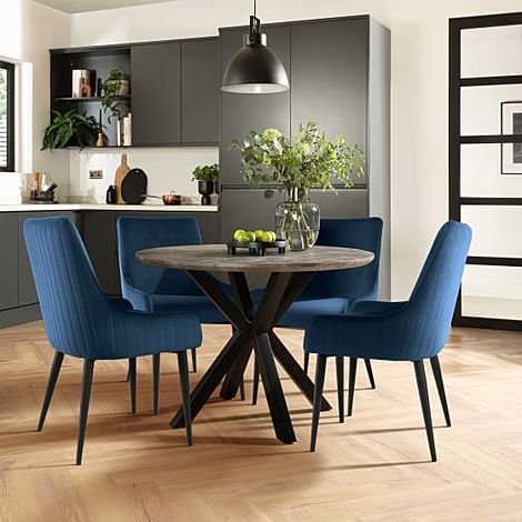 Newark Round Industrial Dining Table & 4 Liza Chairs, Grey Concrete Effect & Black Steel, Blue Classic Velvet, 110cm