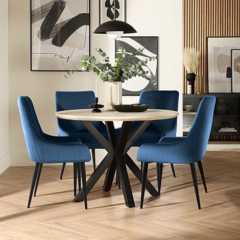 Newark Round Dining Table & 4 Liza Chairs, Light Oak Effect & Black Steel, Blue Classic Velvet, 110cm