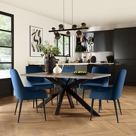 Madison Industrial Dining Table & 6 Liza Chairs, Grey Concrete Effect & Black Steel, Blue Classic Velvet, 160cm