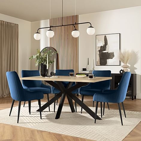 Madison Dining Table & 4 Liza Chairs, Light Oak Effect & Black Steel, Blue Classic Velvet, 160cm