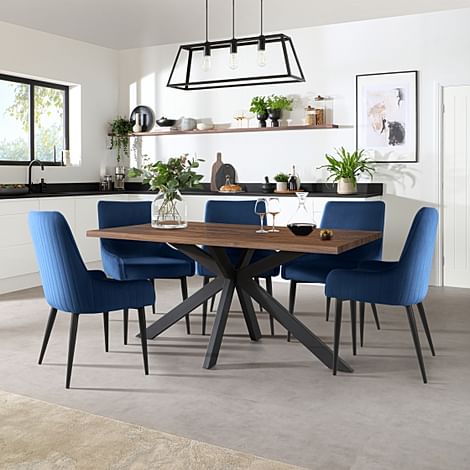 Madison Industrial Dining Table & 4 Liza Chairs, Walnut Effect & Black Steel, Blue Classic Velvet, 160cm