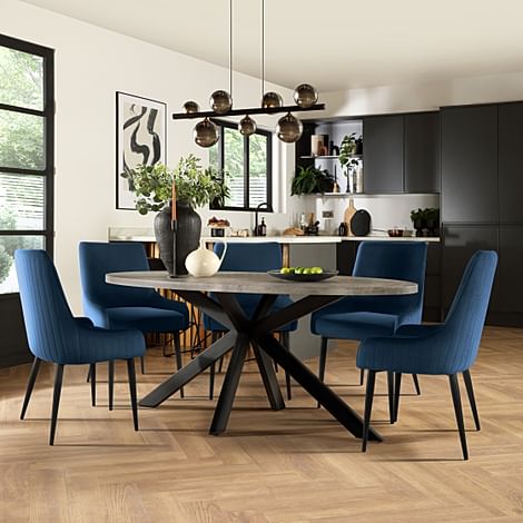 Madison Oval Industrial Dining Table & 4 Liza Chairs, Grey Concrete Effect & Black Steel, Blue Classic Velvet, 180cm