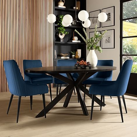 Madison Oval Dining Table & 4 Liza Chairs, Black Oak Effect & Black Steel, Blue Classic Velvet, 180cm