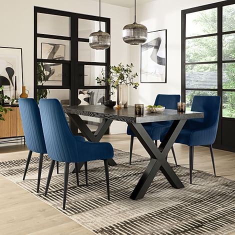 Franklin Dining Table & 4 Liza Chairs, Black Oak Effect & Black Steel, Blue Classic Velvet, 150cm