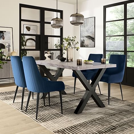 Franklin Dining Table & 4 Liza Chairs, Grey Marble Effect & Black Steel, Blue Classic Velvet, 150cm