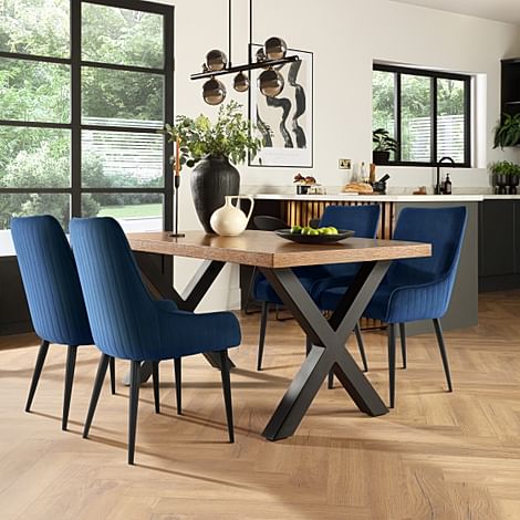 Franklin Industrial Dining Table & 4 Liza Chairs, Dark Oak Veneer & Black Steel, Blue Classic Velvet, 150cm