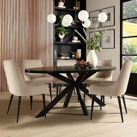 Madison Oval Dining Table & 6 Liza Chairs, Black Oak Effect & Black Steel, Champagne Classic Velvet, 180cm