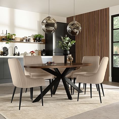 Madison Oval Industrial Dining Table & 4 Liza Chairs, Walnut Effect & Black Steel, Champagne Classic Velvet, 180cm