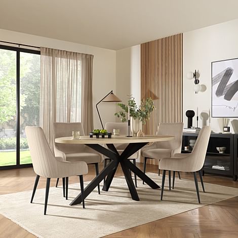 Madison Oval Dining Table & 4 Liza Chairs, Light Oak Effect & Black Steel, Champagne Classic Velvet, 180cm