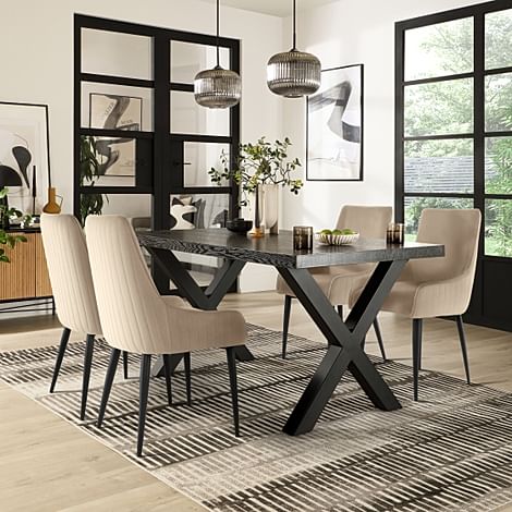 Franklin Dining Table & 4 Liza Chairs, Black Oak Effect & Black Steel, Champagne Classic Velvet, 150cm