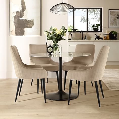 Orbit Round Dining Table & 4 Liza Chairs, White Marble Effect & Black Steel, Champagne Classic Velvet, 110cm