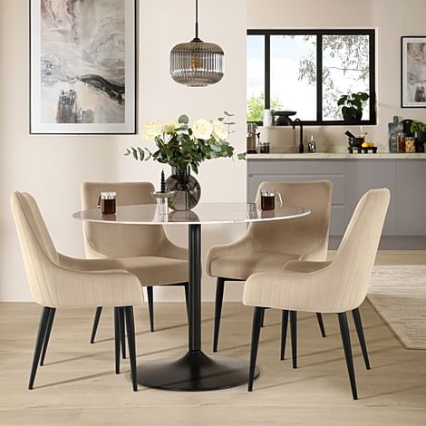 Orbit Round Dining Table & 4 Liza Chairs, Grey Marble Effect & Black Steel, Champagne Classic Velvet, 110cm