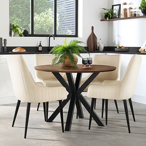 Newark Round Industrial Dining Table & 4 Liza Chairs, Walnut Effect & Black Steel, Ivory Classic Plush Fabric, 110cm